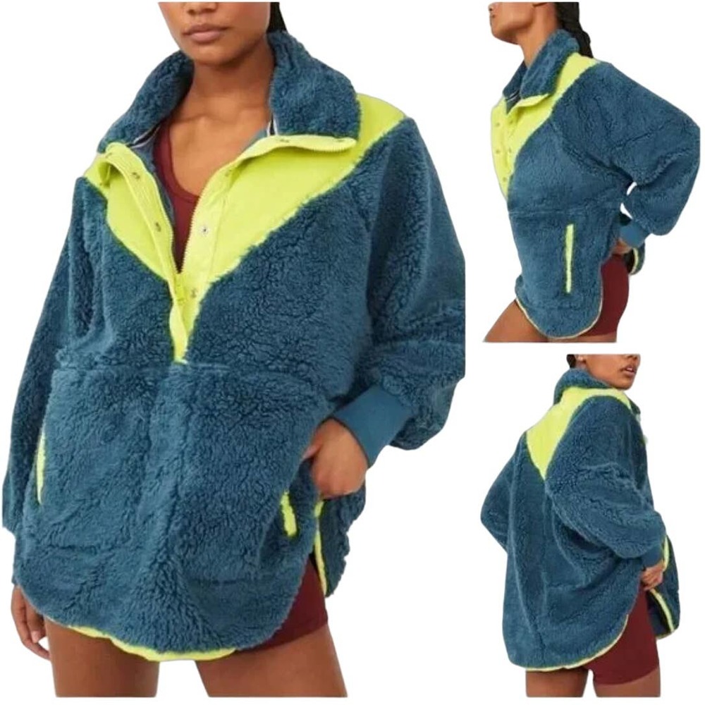 Free People Blue and Neon Yellow Sherpa Fleece Pullover Hoodie